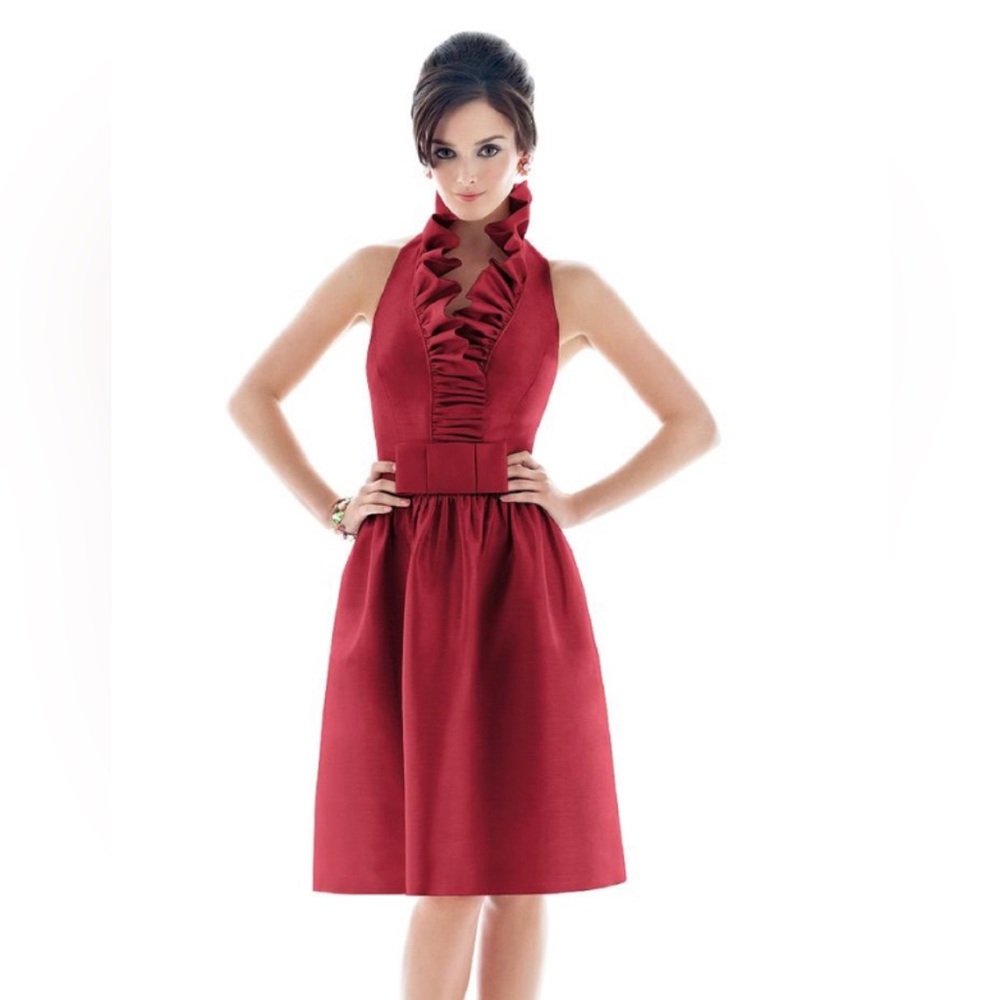 Alfred Sung Garnet Ruffle Halter Neck Sleeveless Midi Cocktail Dress women’s SZ4